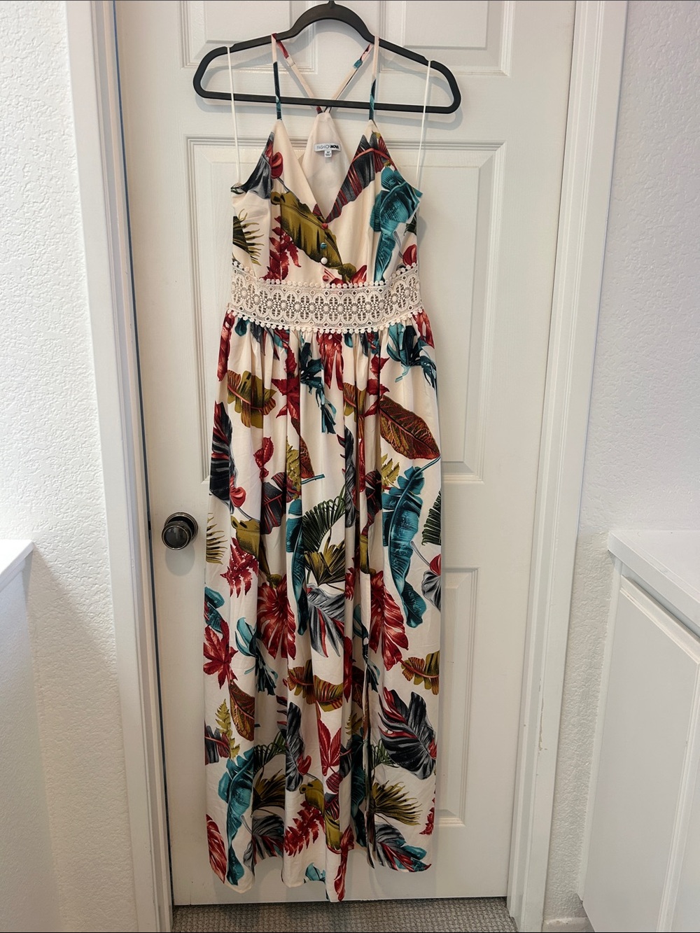 Girls Cream Tropical Maxi Dress with Crochet Waist